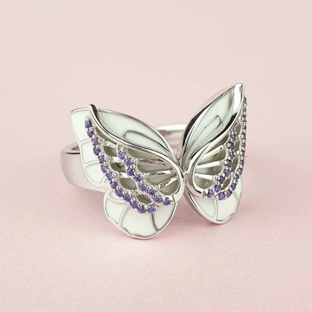 ✨Sweet White Butterfly Anillos Silver Plated Ring for Women UNVN12339 - Picture 6 of 6